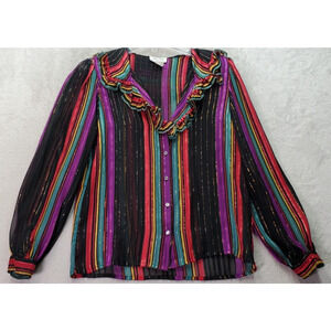 VTG John Yang Blouse Womens Size 6 Multi Striped Metallic Sheer Glam 70's Ruffle